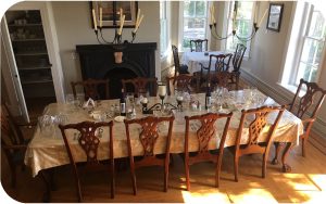 table is set in hunting lodge